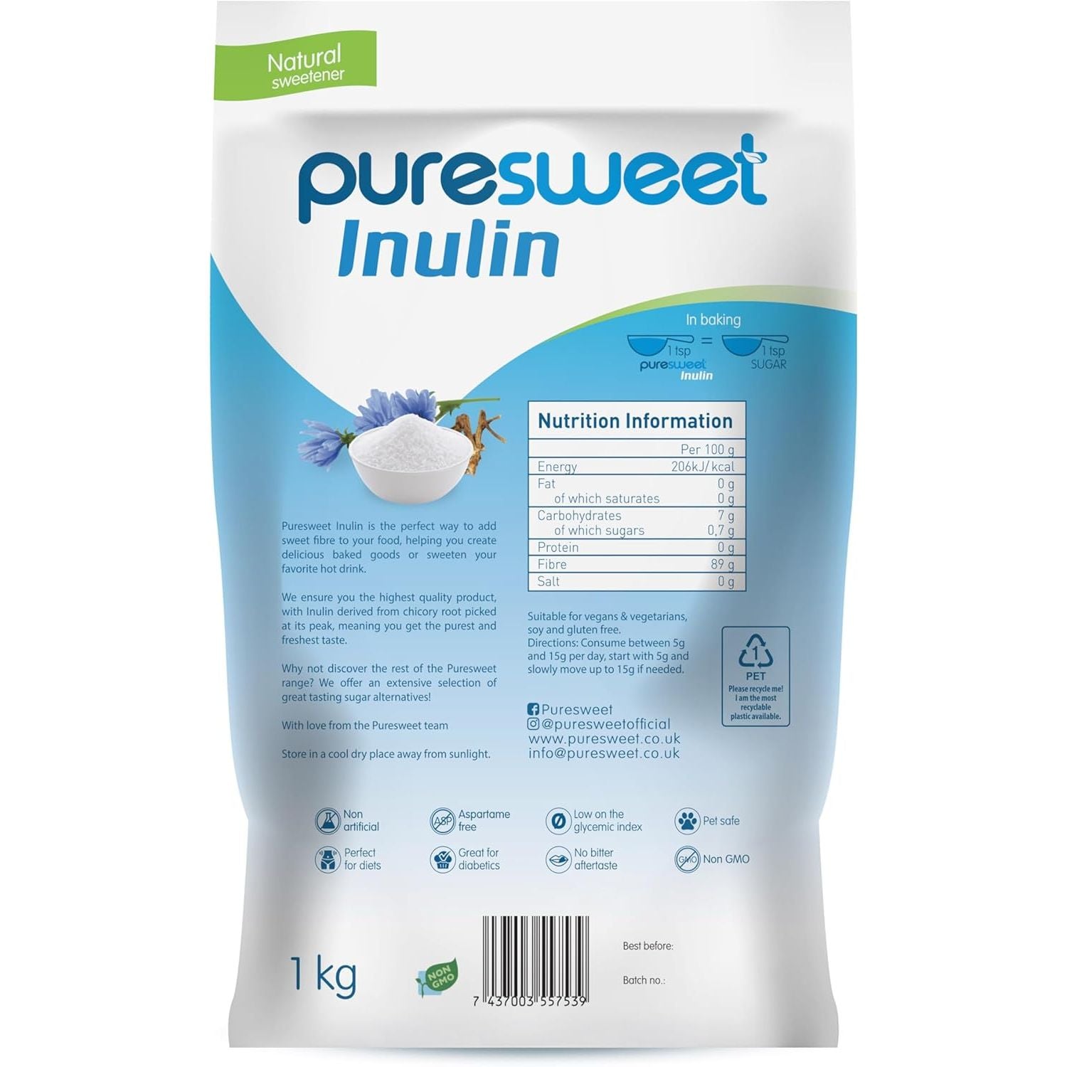 Puresweet® Premium Inulin Prebiotic Fibre Powder 1Kg - Chicory Root, 100% Pure Inulin, Highly Soluble, Made in the EU, Fructo Oligosaccharide (FOS), Gluten Free, Vegan.