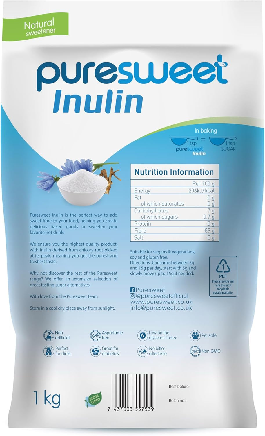 Puresweet® Premium Inulin Prebiotic Fibre Powder 1Kg - Chicory Root, 100% Pure Inulin, Highly Soluble, Made in the EU, Fructo Oligosaccharide (FOS), Gluten Free, Vegan.
