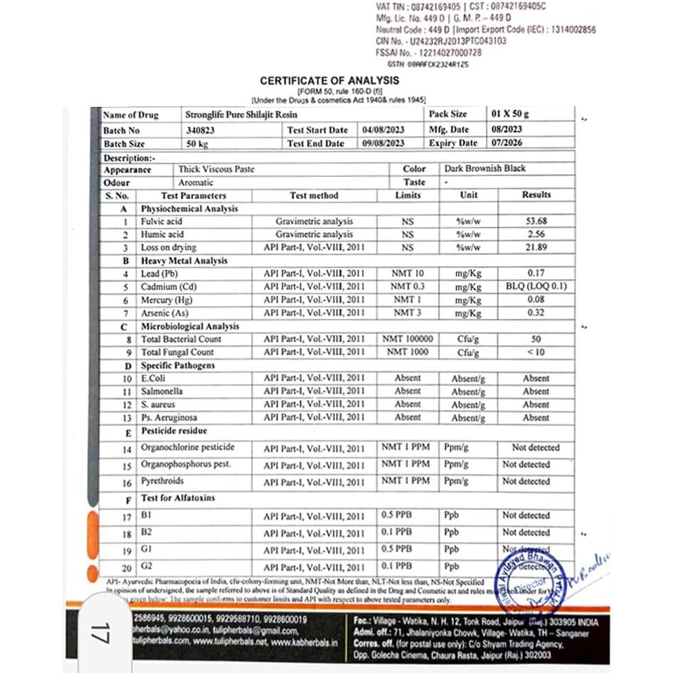 Shilajit Resin 50 Grams Stronglife Gold Grade Himalayan Shilajit | Natural Source of Fulvic Acid & 85+ Minerals for Energy Stamina Immune System | UK Lab Certified