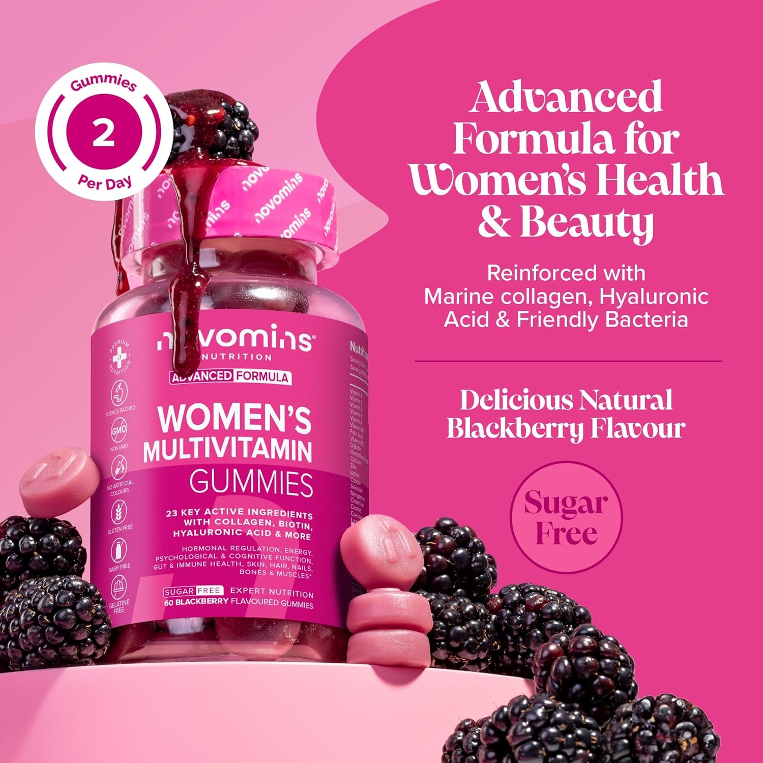 Multivitamin Gummies for Women - 23 Vitamins, Minerals & Probiotics for Women - Marine Collagen, Hyaluronic Acid, Folic Acid, Vitamin D, A, C, B, Biotin & Zinc – 60 Vitamin Gummies - Novomins