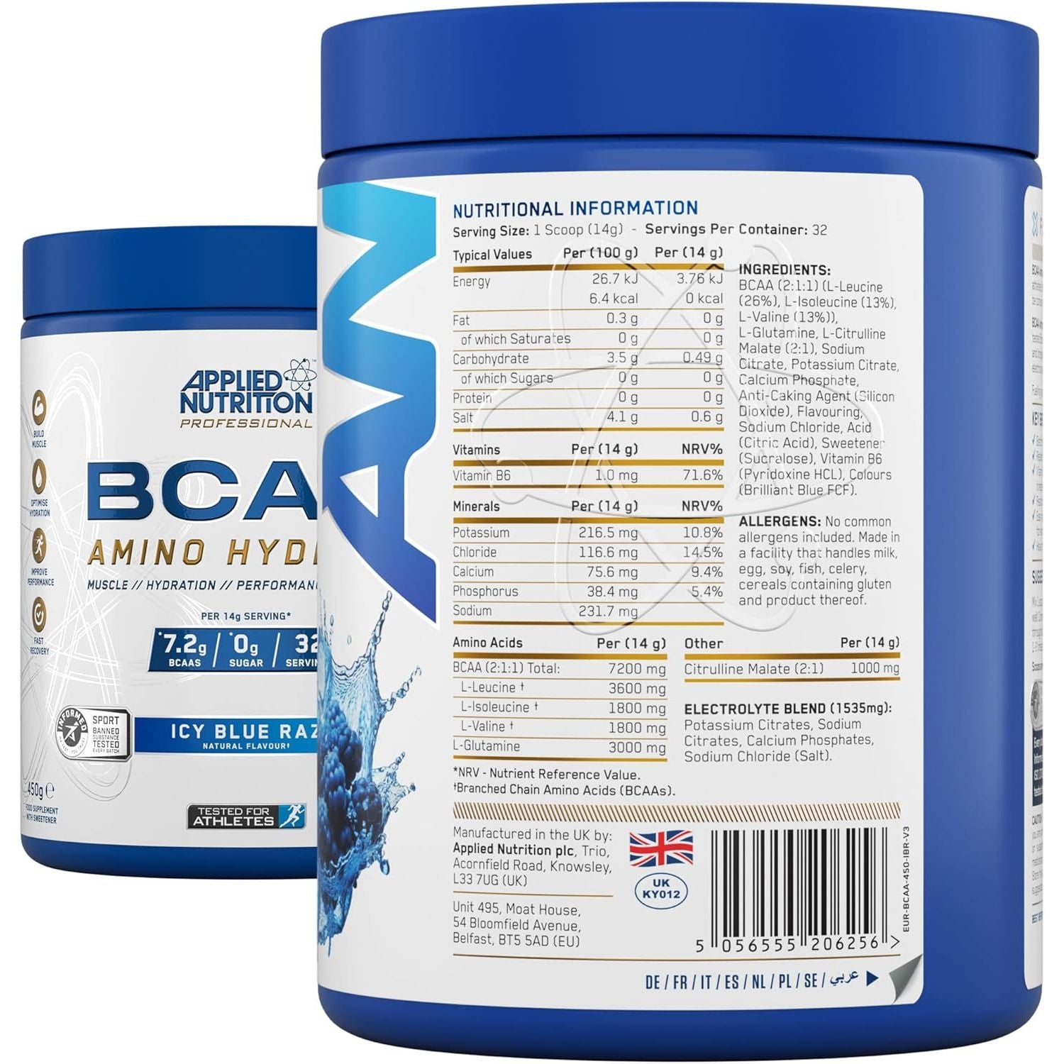 Applied Nutrition BCAA Powder - Branched Chain Amino Acids Bcaas Supplement, Amino Hydrate Intra Workout & Recovery Energy Drink (450G - 32 Servings) (ICY Blue Raz)