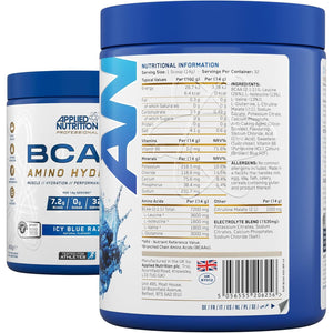 Applied Nutrition BCAA Powder - Branched Chain Amino Acids Bcaas Supplement, Amino Hydrate Intra Workout & Recovery Energy Drink (450G - 32 Servings) (ICY Blue Raz)