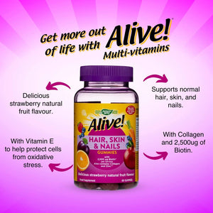 Alive! Hair, Skin & Nails Supplement | Contains 2,500Mcg of Biotin | 60 Gummies (1 Month Supply) | Delicious Multivitamin Gummies to Nourish Your Hair, Skin & Nails.