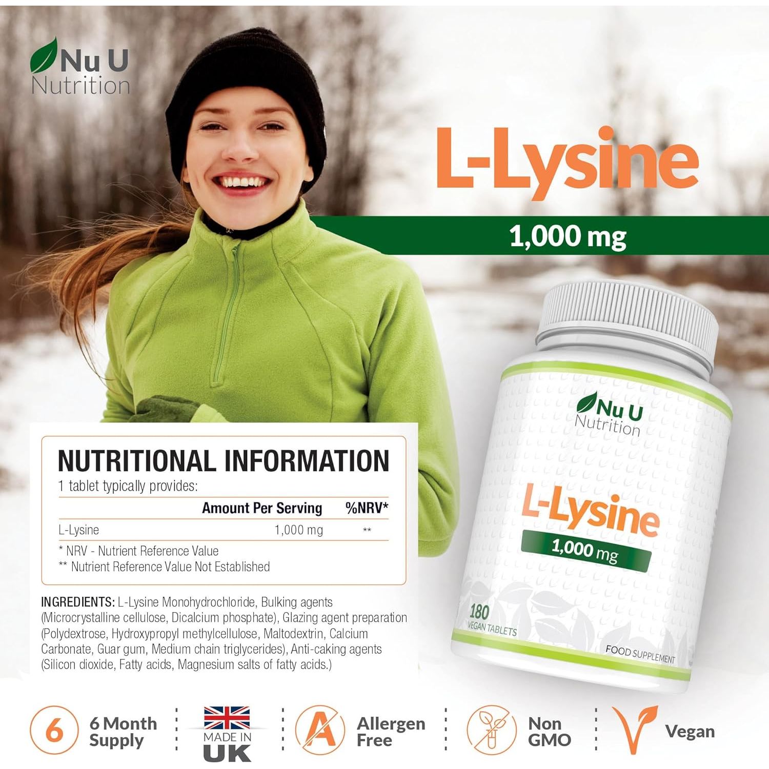 L-Lysine 1000Mg High Strength - 180 Vegan Tablets - 6 Month Supply - Gluten Free - Made in the UK - Nu U Nutrition