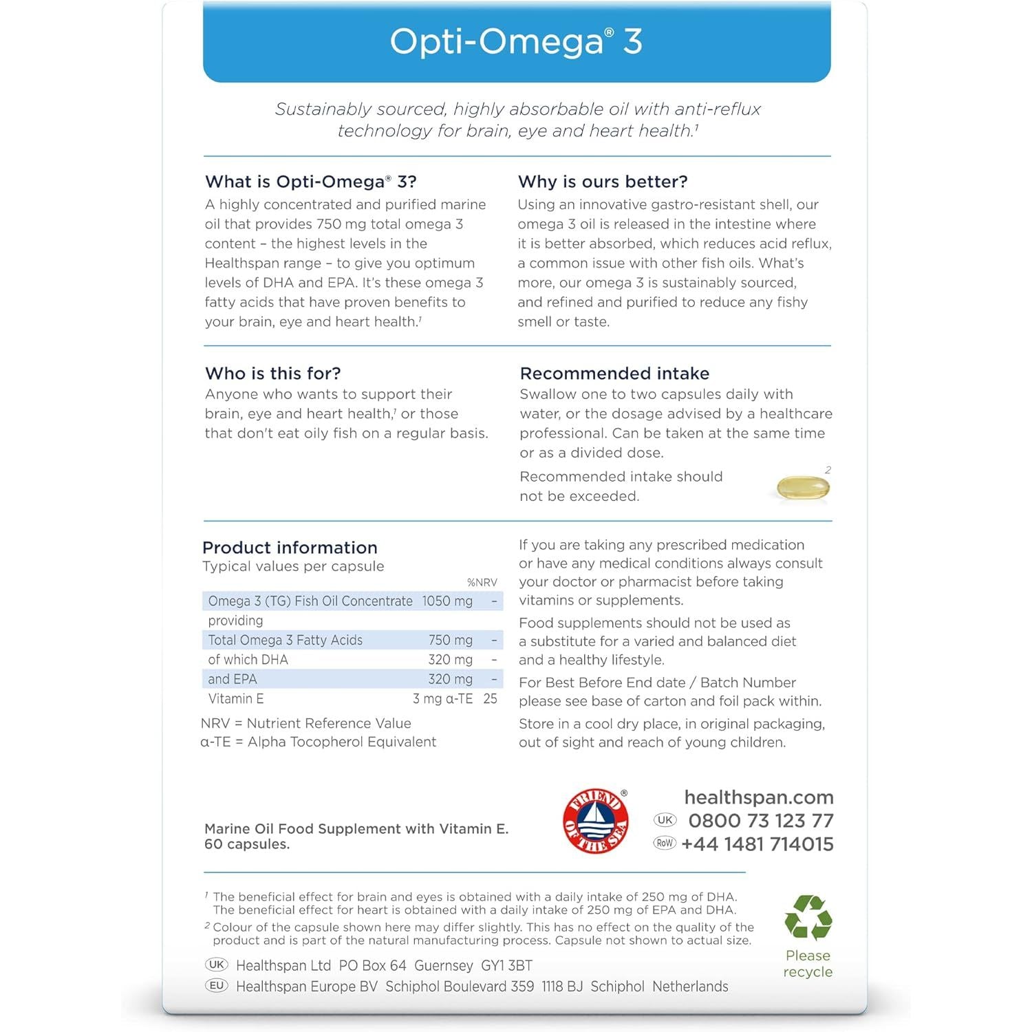 Healthspan Opti-Omega 3 with anti Reflux Technology (2 Months' Supply) | Optimal Absorption Omega 3 Fish Oil to Support Your Brain, Eye & Heart Health | 750Mg Omega 3 Fatty Acids per Capsule