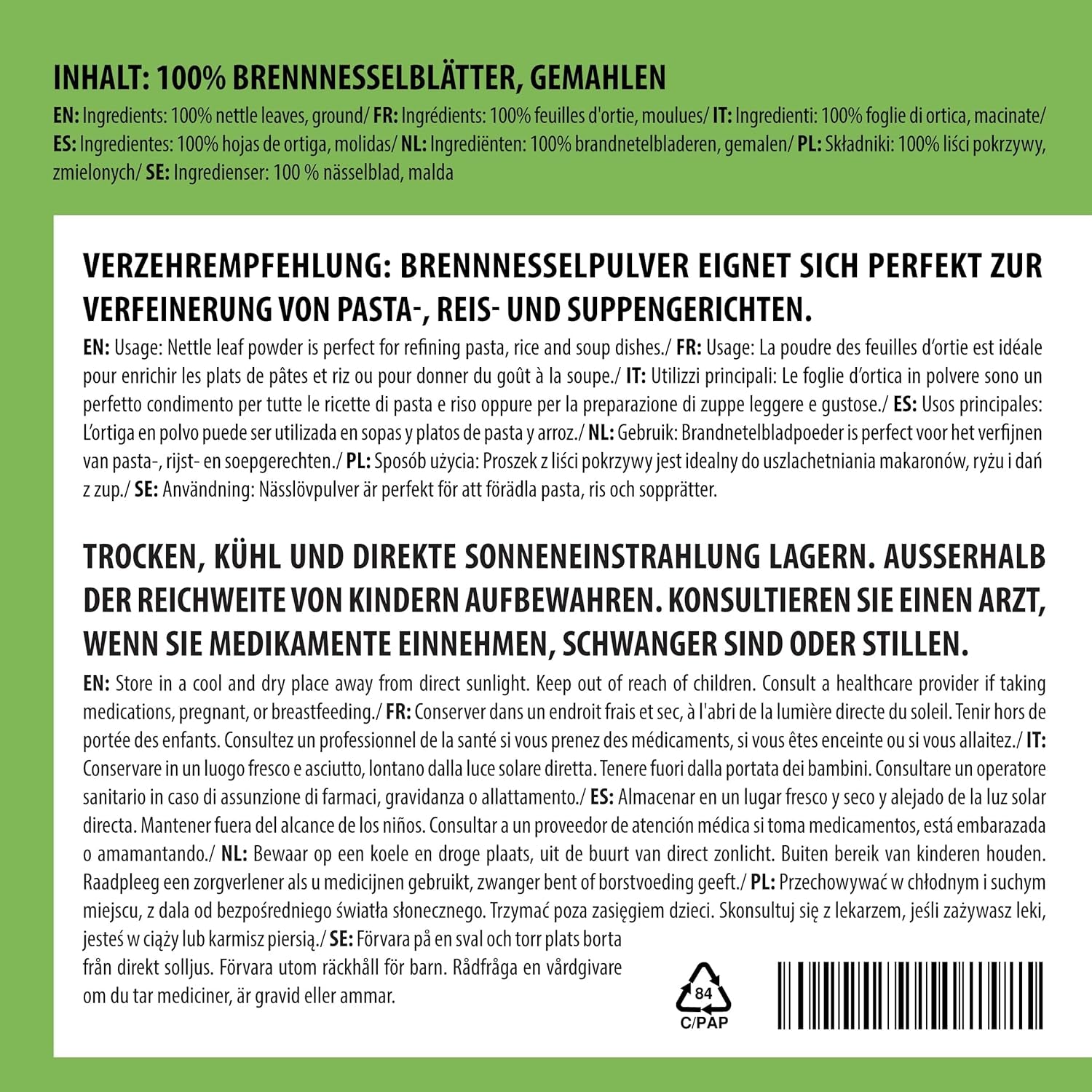 Alpi Nature Nettle Leaf Powder 250G 8.8 Oz, Dried and Ground Nettle Leaves, Urtica Dioica