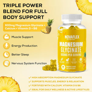 Novaflex Nutrition - Magnesium Glycinate Gummies 600Mg – High Absorption Magnesium with Calcium, Vitamin D & B6 – Pineapple Flavour, 60 Vegan Gummies – Supports Energy & Muscle Function