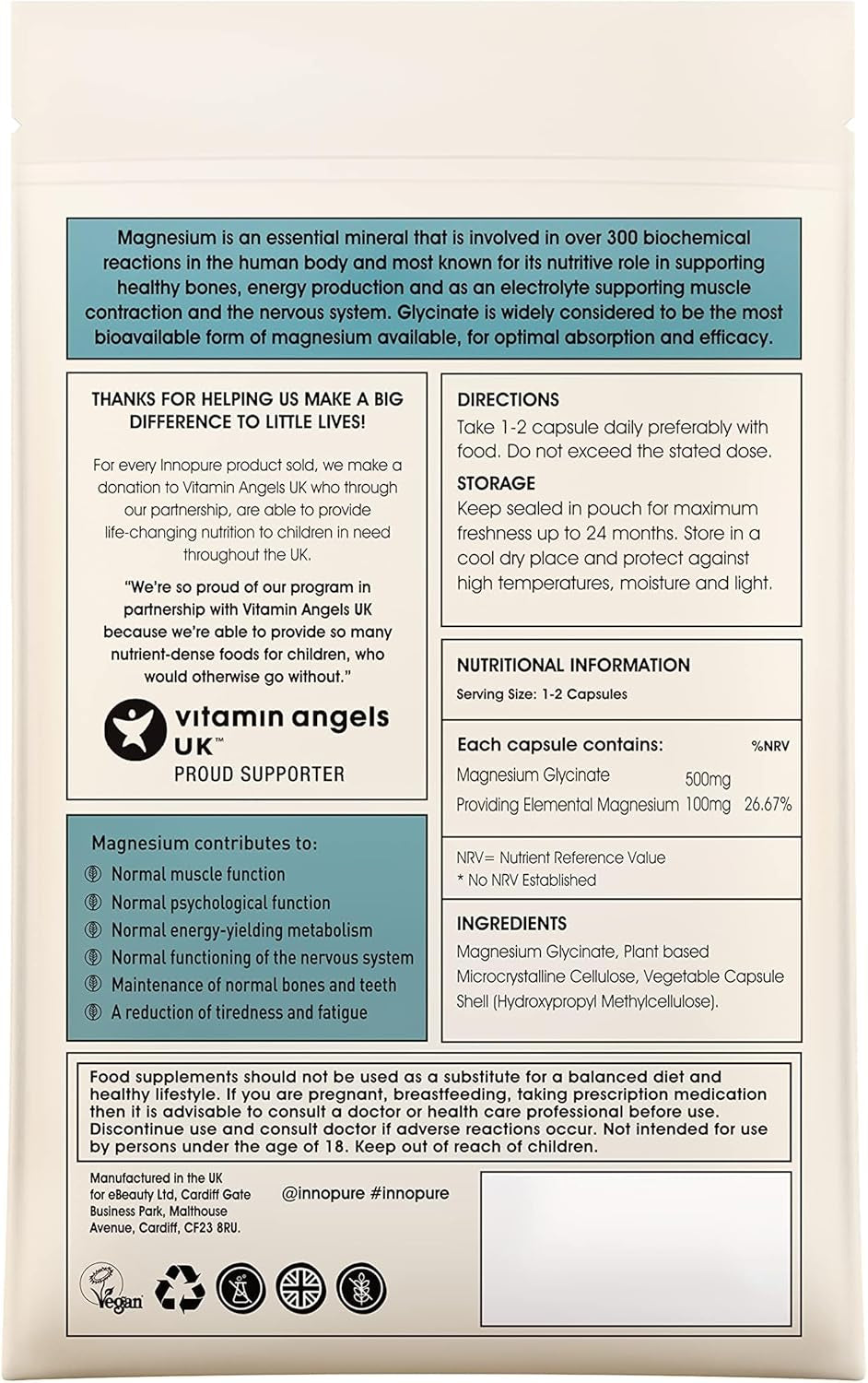 INNOPURE Magnesium Glycinate - 90 Capsules - Bioavailable Magnesium Supplements - 500Mg per Capsule Providing 100Mg of Pure Elemental Magnesium Bisglycinate Powder - Made in the UK