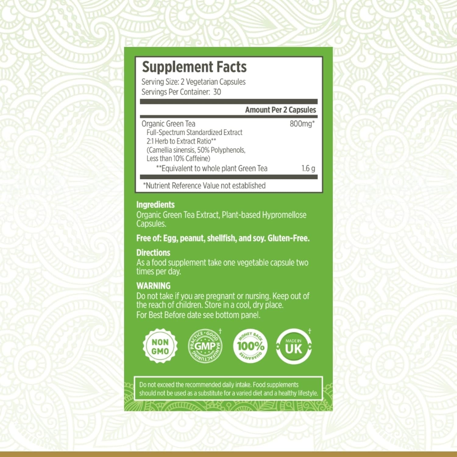 Organic Green Tea Extract Capsules - Certified Organic by Soil Association | 100% Natural Supplement | Natural Low Caffeine Source | Vegan | Ayurveda | 60 Easy Swallow Green Tea Tablets | Made in UK