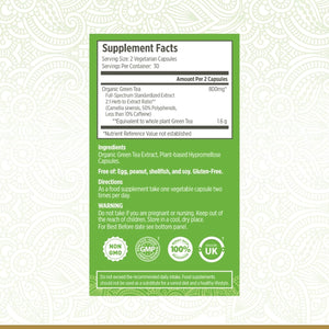 Organic Green Tea Extract Capsules - Certified Organic by Soil Association | 100% Natural Supplement | Natural Low Caffeine Source | Vegan | Ayurveda | 60 Easy Swallow Green Tea Tablets | Made in UK