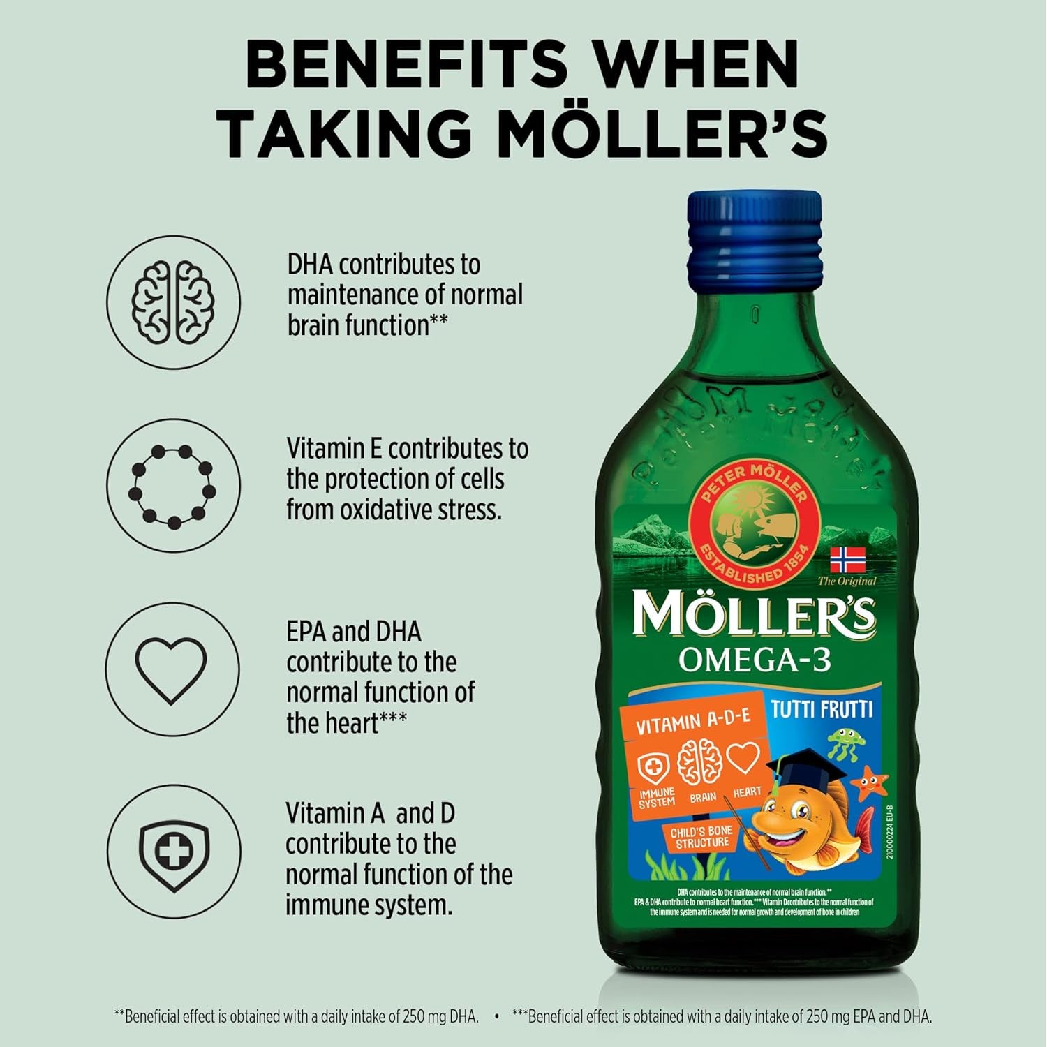 Moller’S ® | Omega 3 for Kids Cod Liver Oil | Nordic Omega-3 Dietary Supplements with EPA, DHA, Vitamin A, D & E | Pure, Natural Cod Liver Oil Liquid | 166-Year-Old-Brand | Tutti Frutti Taste | 250 Ml