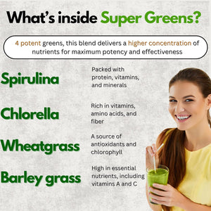 Earths Basket Organic Super Greens Powder - 100G - Blend of Spirulina, Chlorella, Wheatgrass & Barley Grass - Rich in Vitamin A, B12 & Iron