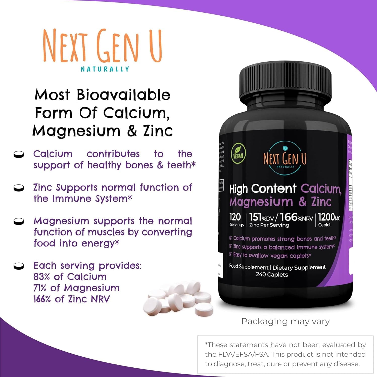 Calcium Magnesium Zinc - Essential Mineral Supplement - 240 Vegan Caplets - for Immune Support and Bone Strength - for Adults Women and Men - by Nextgenu