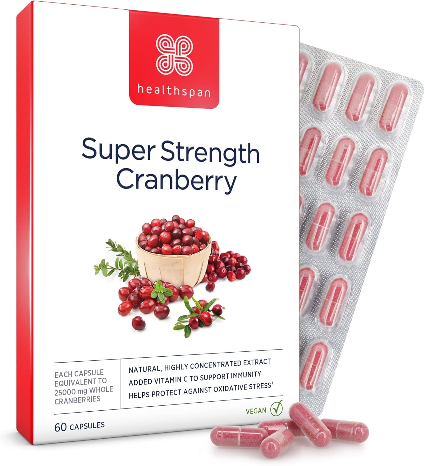 Healthspan Super Strength Cranberry (60 Capsules) | for Immune Health and Wellbeing | Equivalent to 25000 Mg Whole Fresh Cranberries | Highly Concentrated Formulation | Added Vitamin C | Vegan