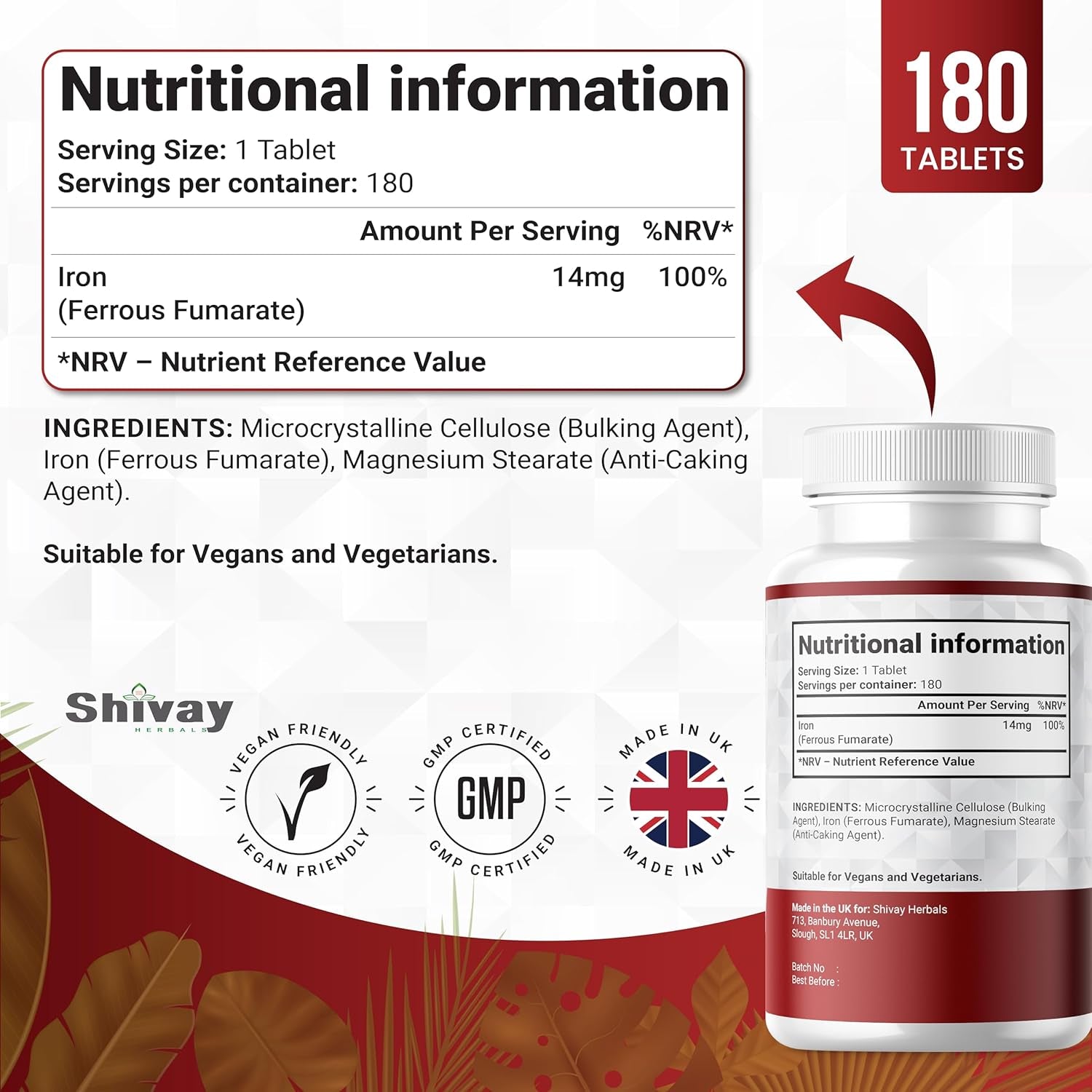 Iron 14Mg Tablets | 180 Vegan Tablets - 6 Month Supply | High Strength Ferrous Fumarate Supplement | for Tiredness & Fatigue | Made in the UK by Shivay Herbals
