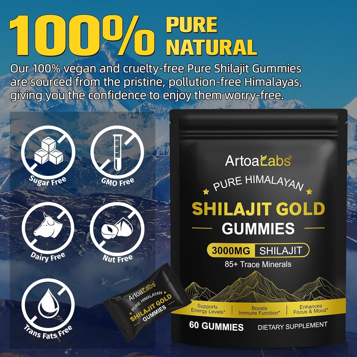 3000Mg Shilajit Gummies, Pure Himalayan Shilajit Gold Gummies for Men Women, 85+ Trace Minerals Rich in Ashwagandha, Gokshura Supports Energy Levels, Boosts Immune Function, 60 Gummes (1)