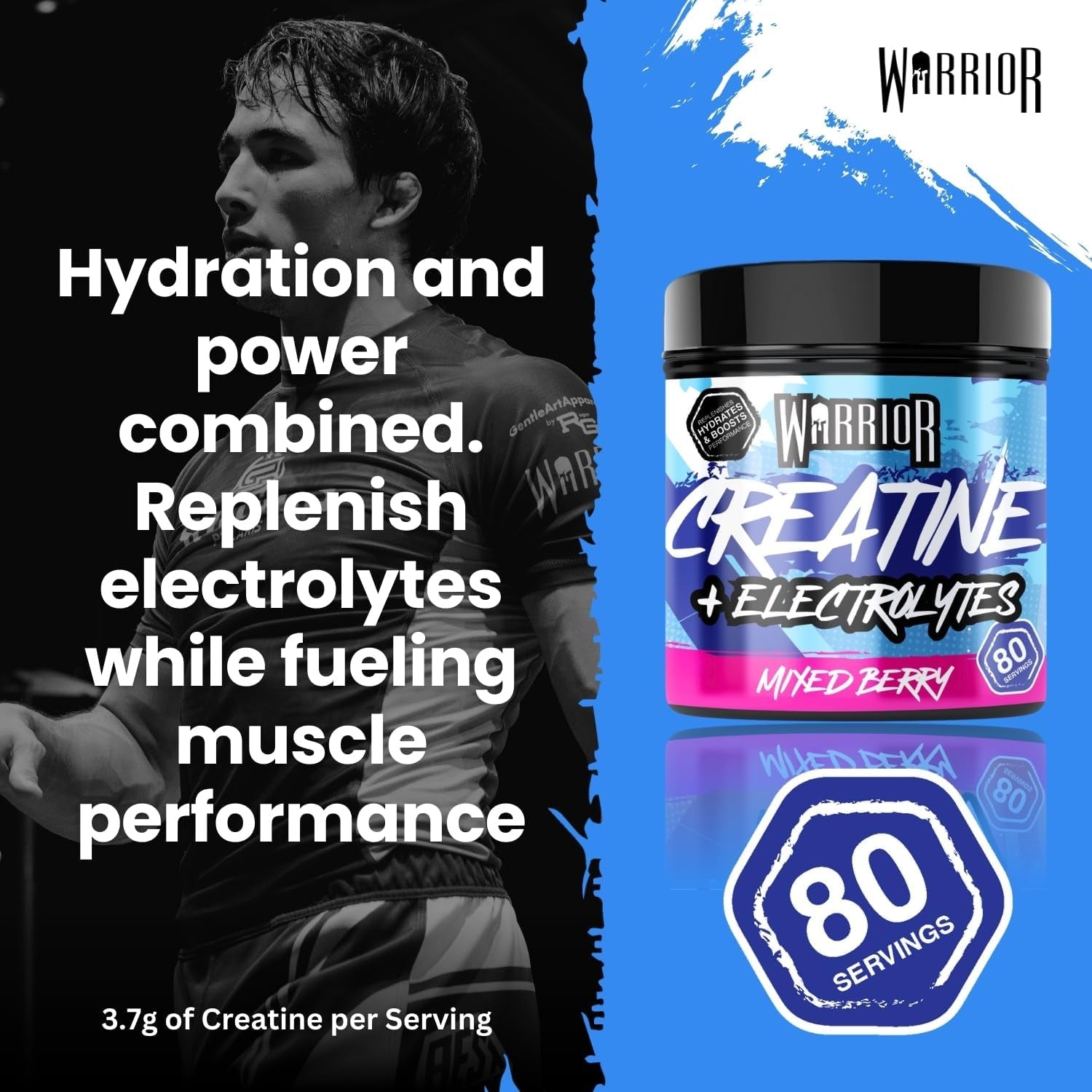 Warrior Creatine Monohydrate plus Electrolytes Powder 360G - Hydration and Performance Drink - Nutrition Shake to Promote Muscle Growth (Not Tablets, Sachet, Gummies) - 80 Servings (Mixed Berry)