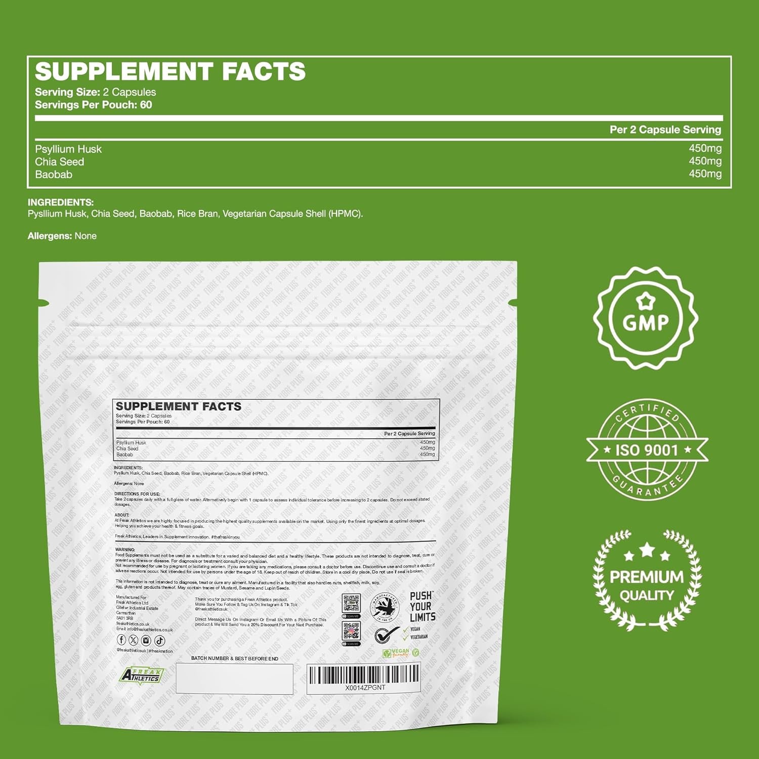 Fibre plus by Freak Athletics - Daily Fibre Supplement - Premium Fibre Capsules with Psyllium Husk, Chia Seed, Baobab Fruit