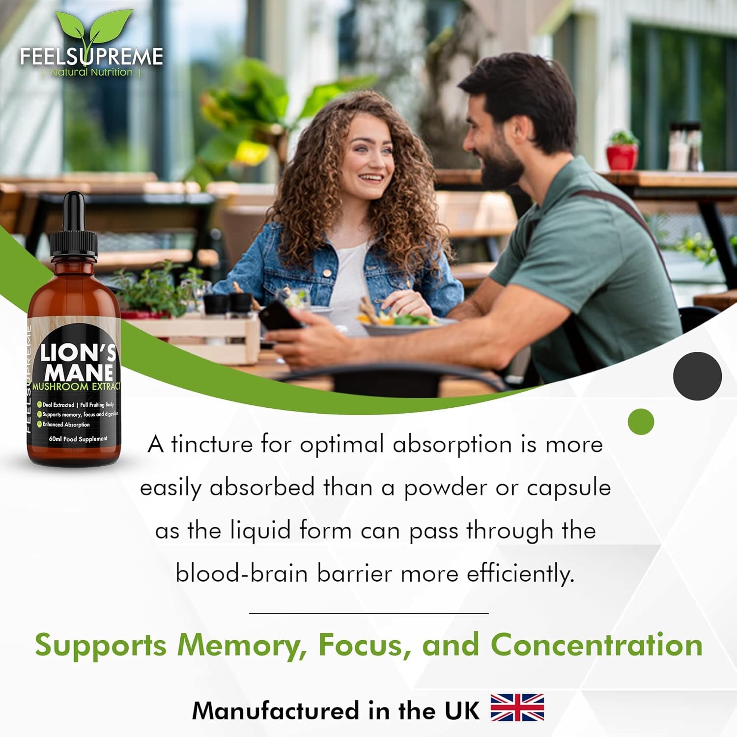Feel Supreme - Lions Mane Supplement High Strength Mushroom Extract - Liquid Drops, 10:1 - Whole Fruiting Body - Brain Booster Supplements, Mushroom Supplement, Lions Mane Drops - 60Ml