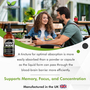 Feel Supreme - Lions Mane Supplement High Strength Mushroom Extract - Liquid Drops, 10:1 - Whole Fruiting Body - Brain Booster Supplements, Mushroom Supplement, Lions Mane Drops - 60Ml