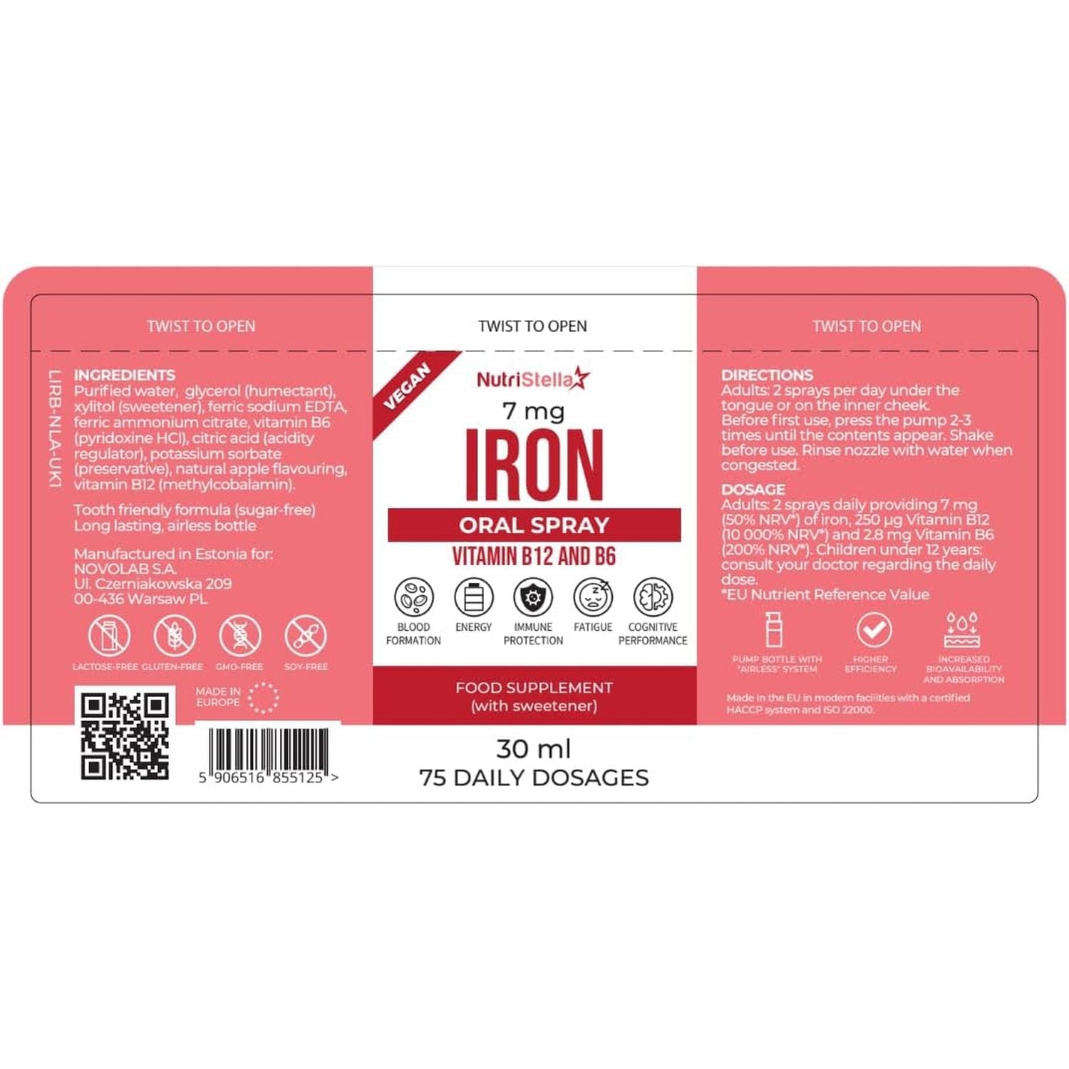 Iron Spray - Vitamin B12 - B6-75 Doses - Gentle on the Stomach - Less Side Effects - High Strength - Fast - Easy - Immunity - Combats Triedness and Fatigue - Sugar-Free