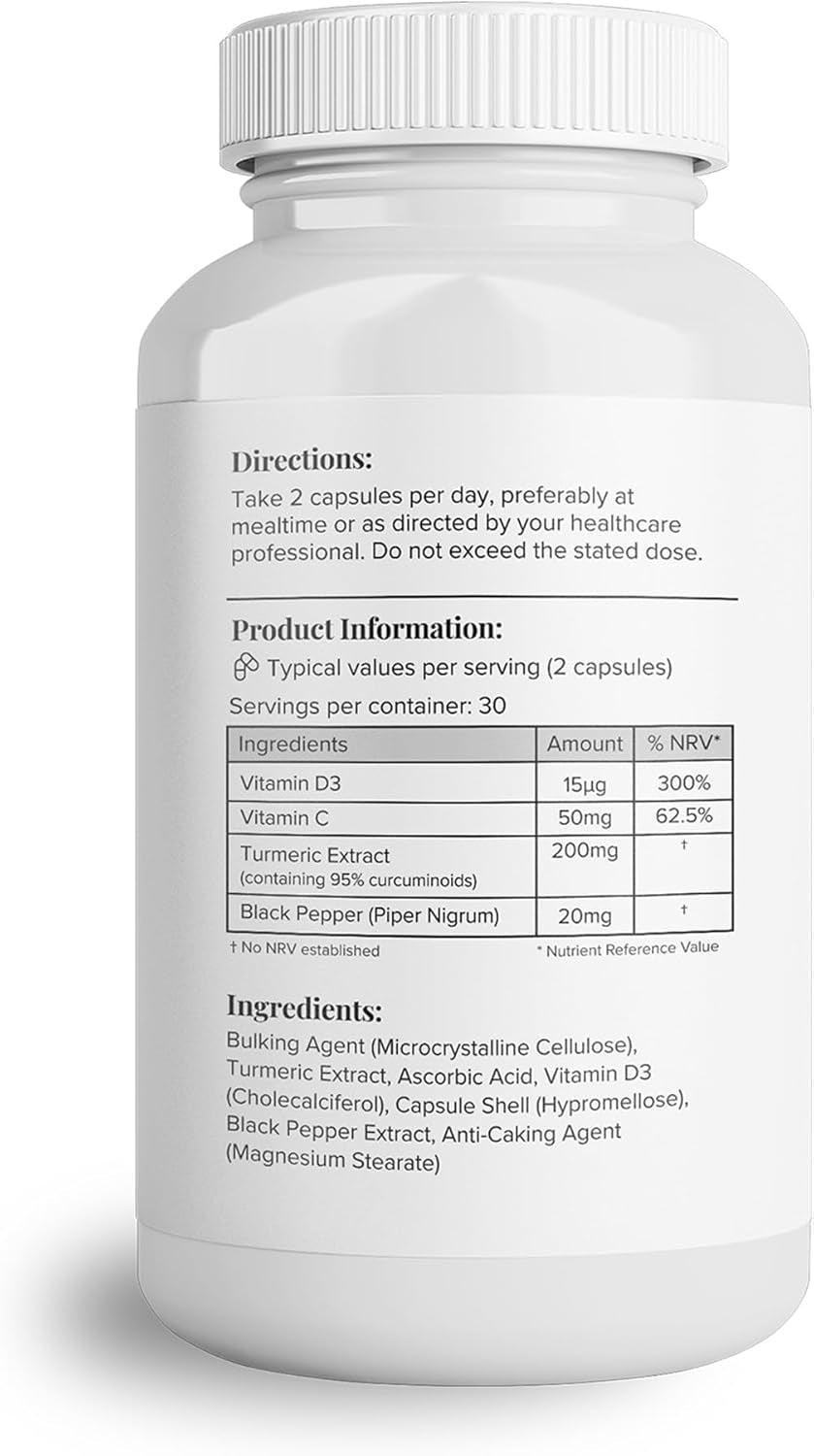 Hey Nutrition Turmeric Extract Complex - Vitamin D3 & C, Black Pepper Extract - Support Muscle & Joint Relief - Maximum Potency & Enhanced Absorption - UK Manufactured - 60 Vegan Capsules