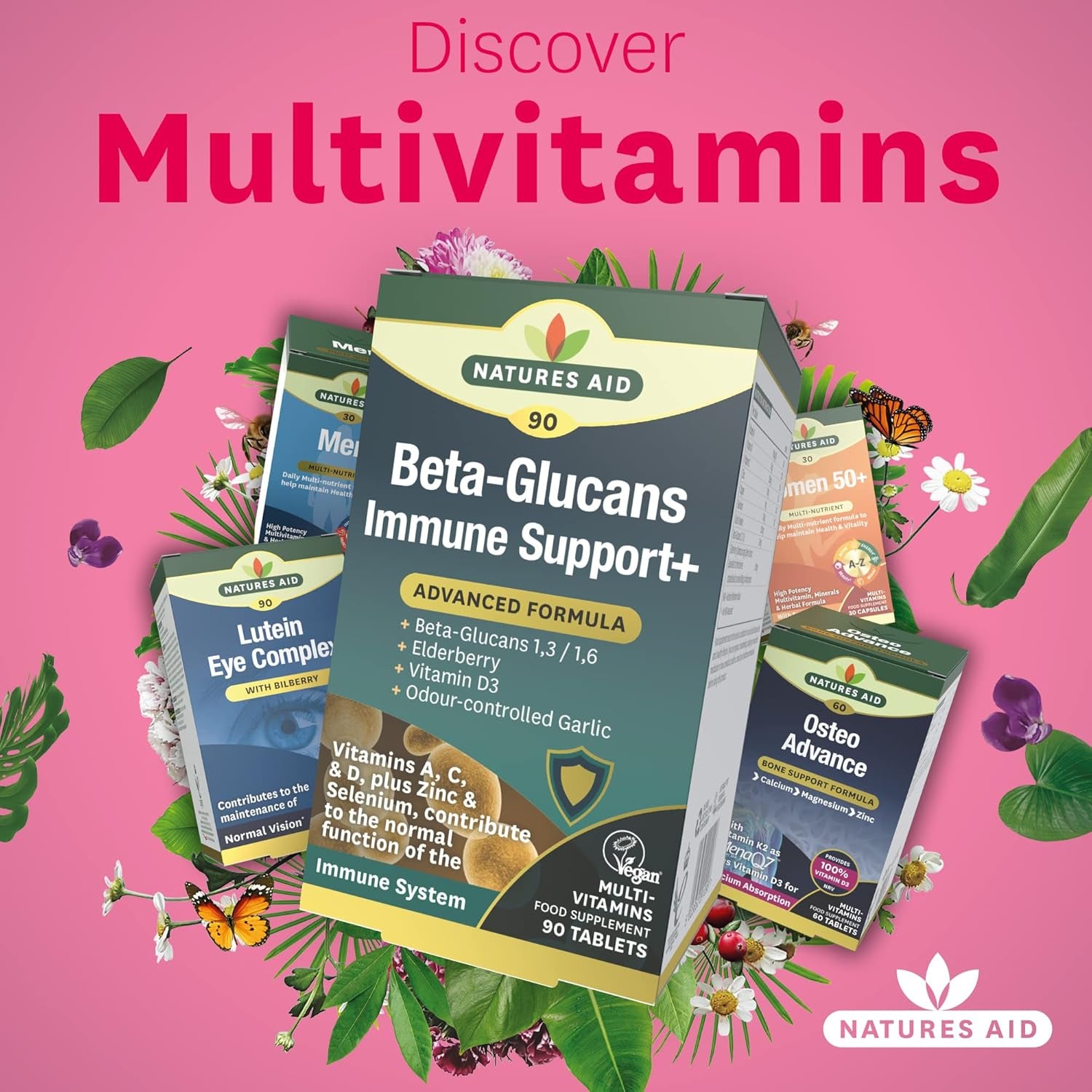 Natures Aid Beta Glucans Immune Support Supplement - Vitamin C, D3, A, Zinc, Selenium, Garlic & Elderberry - Immune System Support for Adults - Vegan, Gluten Free, Non-Gmo - 90 Tablets