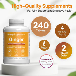 Ginger Tablets | Supports Joints, Bones & Energy | with Added Calcium & Manganese | 240 High-Strength Tablets = 4 Months’ Supply | Joint and Digestive Support | Gmp-Certified & Uk-Made
