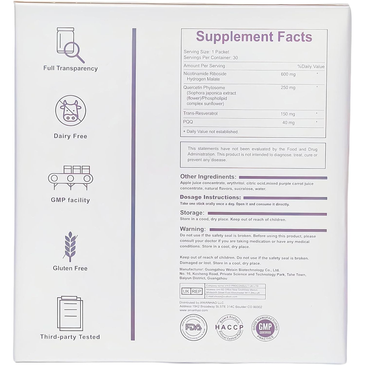 NAD Supplements UK, with Nicotinamide Riboside, Resveratrol & PQQ, 10.5 Fl. Oz NAD Liquid for Men & Women, Anti-Aging, Energy, Focus, Fast-Absorption Berry Flavor Drink Mix (1000Mgliquid 30 Packets)