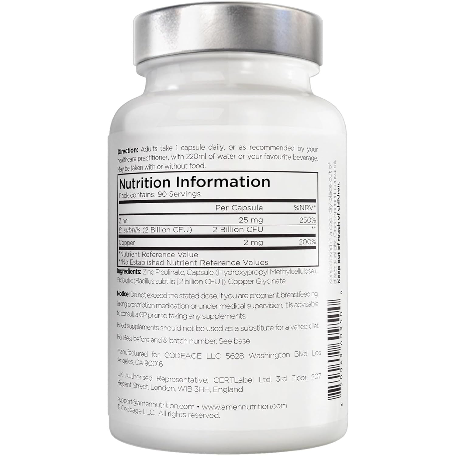 Zinc & Copper Supplement + Probiotics – 3 Months Supply – One per Day - 25 Mg Zinc Picolinate Vitamin Pills - Essential Minerals Supplements – 2 Billion Cfus Probiotic – Vegan, Non-Gmo - 90 Capsules