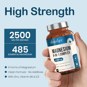 Vitabright Magnesium Glycinate Complex 6-In-1 | 2500Mg~485Mg Elemental | 120 Caps | Glycinate Tablets & Zinc, Vitamins B6 & D | High Strength Magnesium Supplements for Women/Zma Supplements for Men