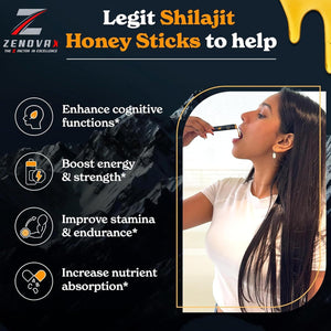 ZENOVA X Himalayan Shilajit Honey plus with Ashwagandha, Saffron, Ginseng | Gold Grade 100% Pure Honey and Shilajit | 15 Sticks for Energy Boost & Immune Support, 85+ Trace Minerals, 75%+ Fulvic Acid