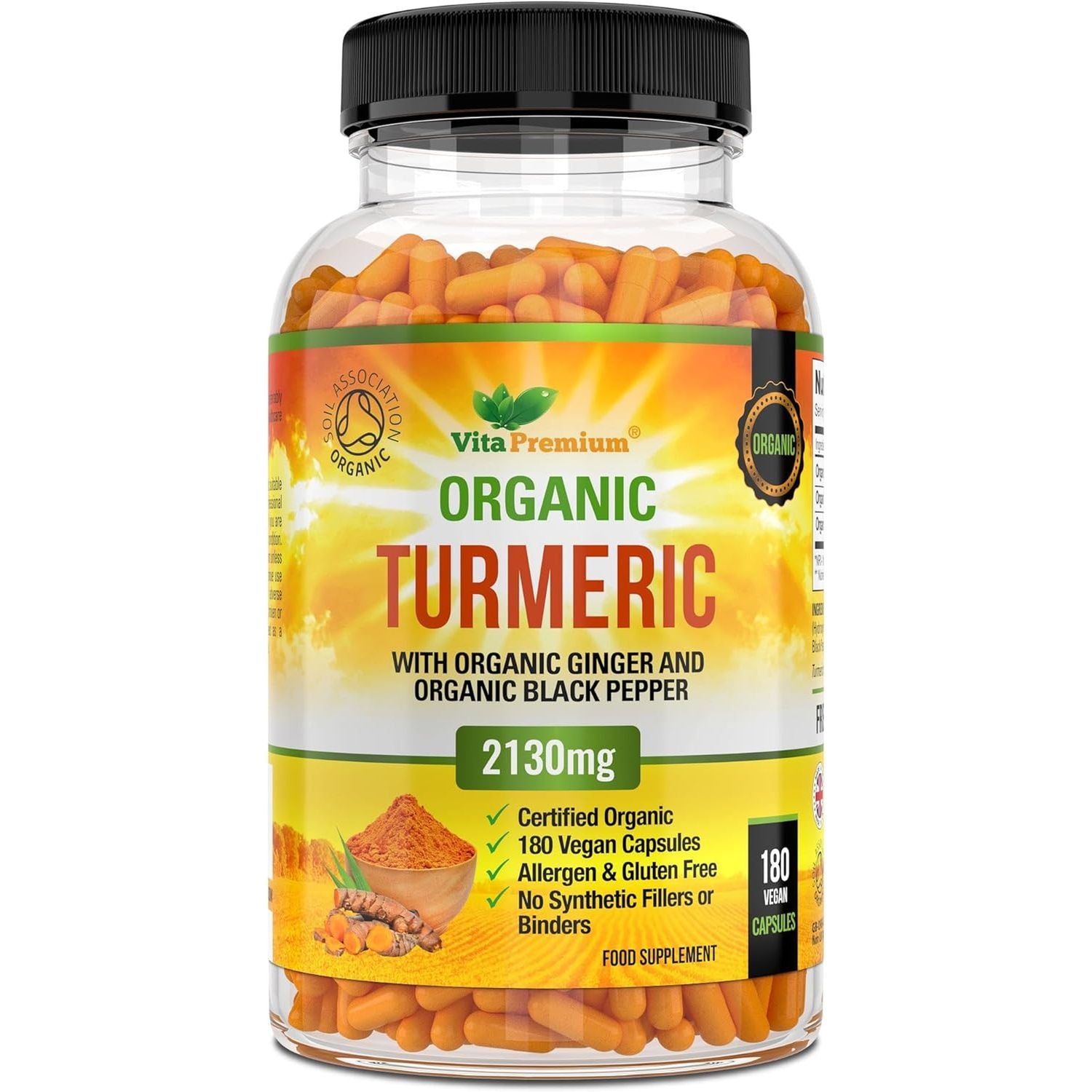 Turmeric and Black Pepper Capsules for Anti-Inflammatory and Joint Pain Relief - 180 Organic Capsules - High Strength Turmeric Curcumin Supplement with Added Black Pepper and Ginger - Made in UK