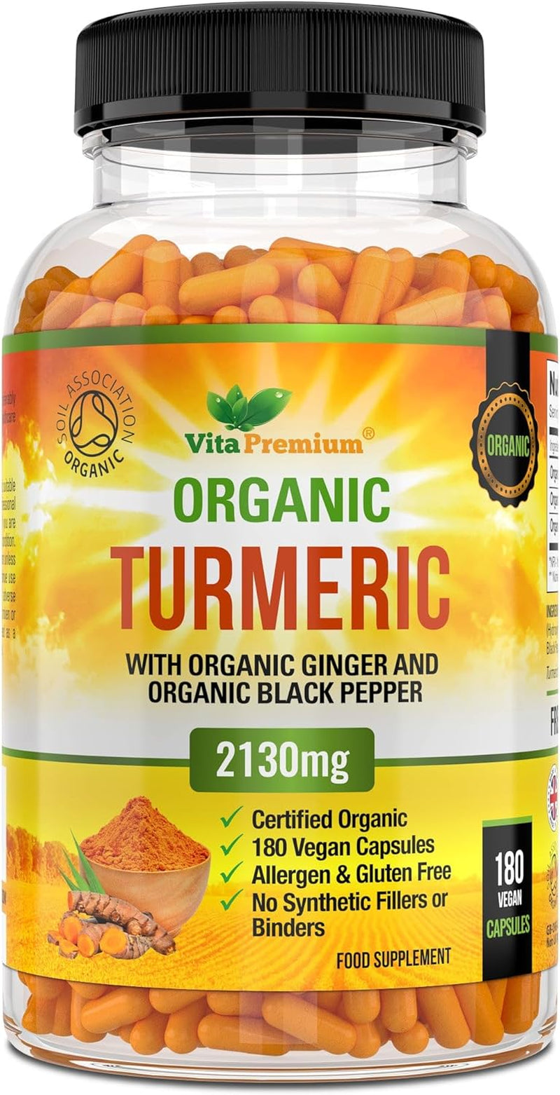 Turmeric and Black Pepper Capsules for Anti-Inflammatory and Joint Pain Relief - 180 Organic Capsules - High Strength Turmeric Curcumin Supplement with Added Black Pepper and Ginger - Made in UK