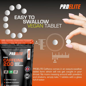 Caffeine 200Mg 120 Vegan Tablets | Energy Boost & Exercise Support Pre Workout Weight Loss | Improve Focus & Alertness | Vegan UK Made | Better than Caffeine Gels Gummies Capsules by PROELITE