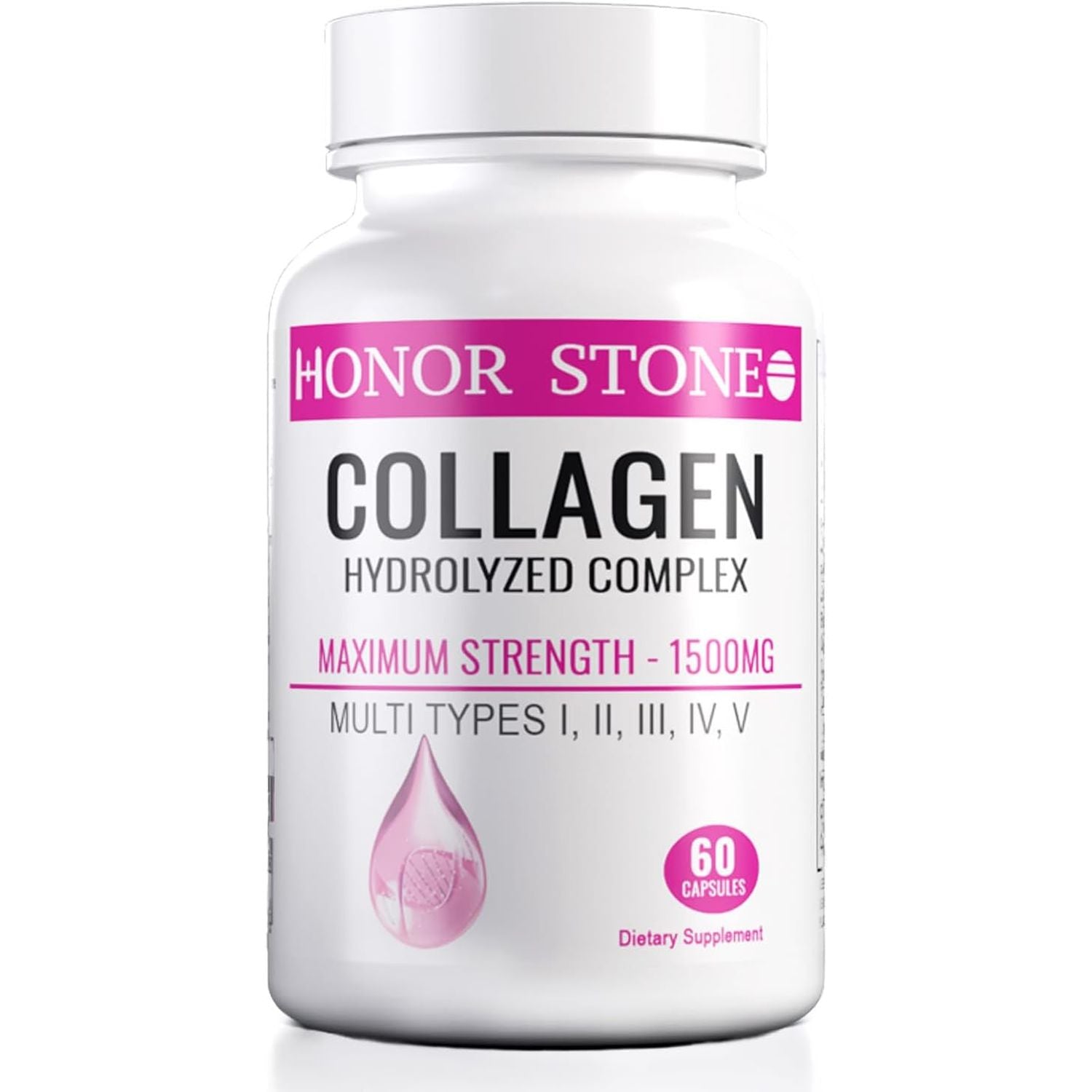Honor Stone - Collagen Hydrolyzed Complex Capsules for Skin, Hair, Nails and Joints. Maximum Strength with All Types 1-5 Peptides - Not Just Marine! Collagen Supplements for Women – 1 Month Supply