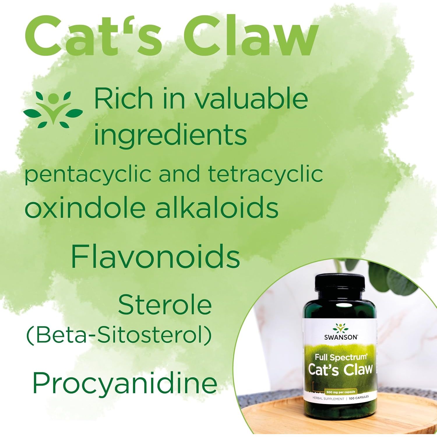Swanson, Cat'S Claw, 500Mg, 100 Capsules, High Strength, Laboratory Tested, SOYA Free, Gluten Free, Non-Gmo