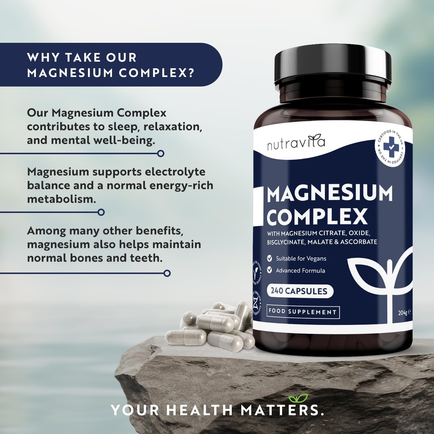 Magnesium Supplements 5-In-1 Complex 1146Mg - 240 Vegan High Strength Capsules - 400Mg Elemental Magnesium - Bis Glycinate, Citrate, Malate, Oxide, Ascorbate - Muscle Support & Sleep Aid - Nutravita
