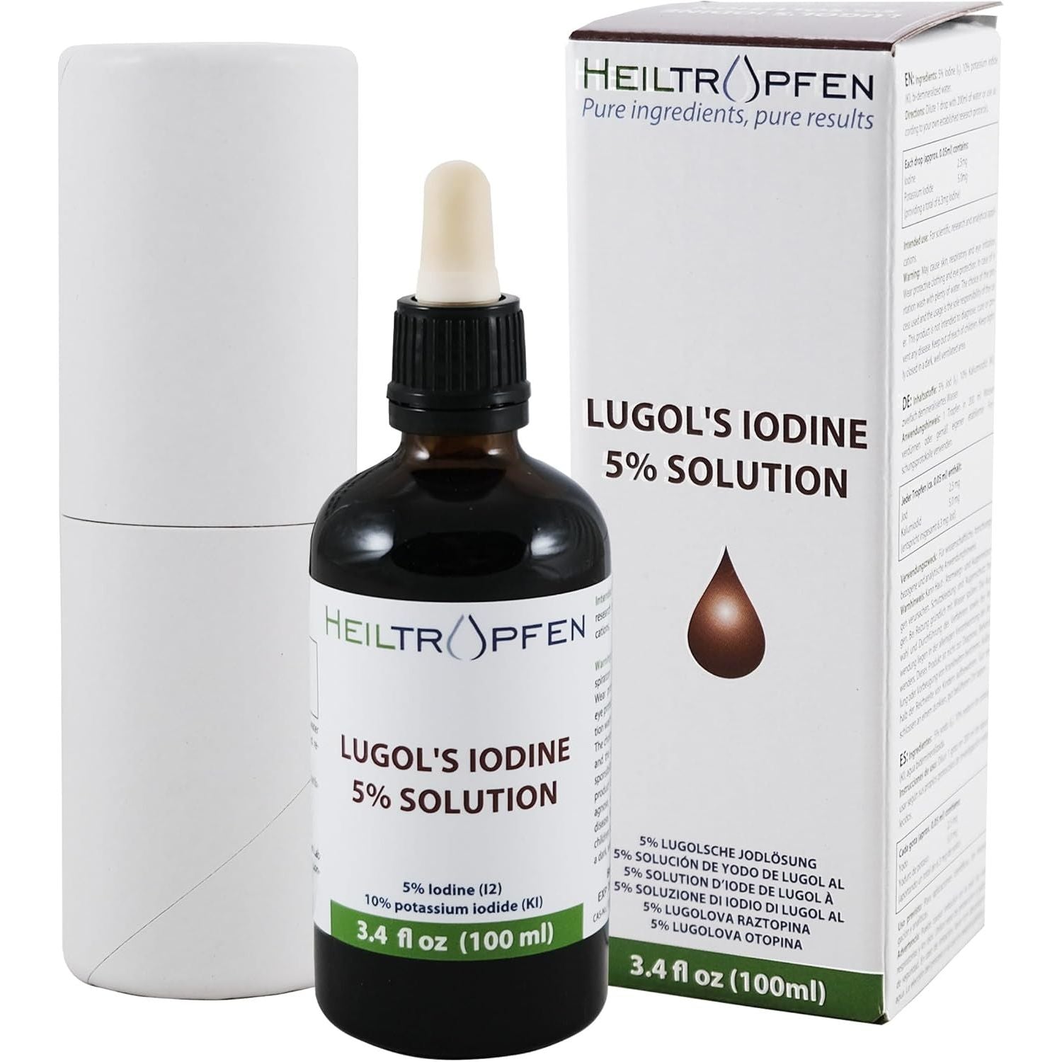 Lugols Iodine Solution 5% 3.4 Oz - 100 Ml | 15% Liquid Formulation | Liquid Drops | Thyroid Support | Made with 5 Percent Iodine and 10% Potassium Iodide | Heiltropfen®