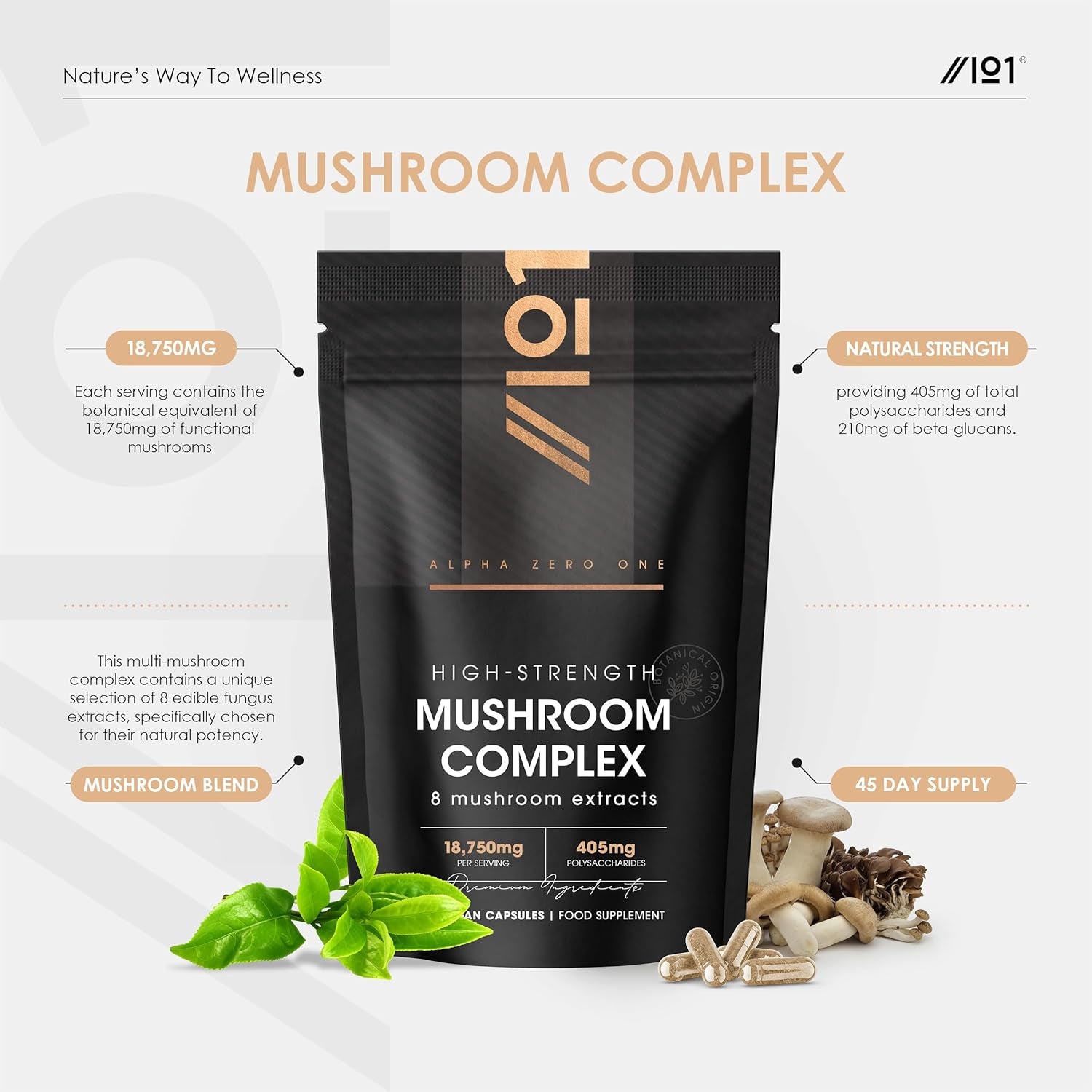 Mushroom Complex Extract 18,750Mg – 405Mg Polysaccharides – 8 Types – Cordyceps Button Mushroom Chaga Lions Mane Oyster Shiitake Maitake Reishi – 90 Vegan Capsules by Alpha01