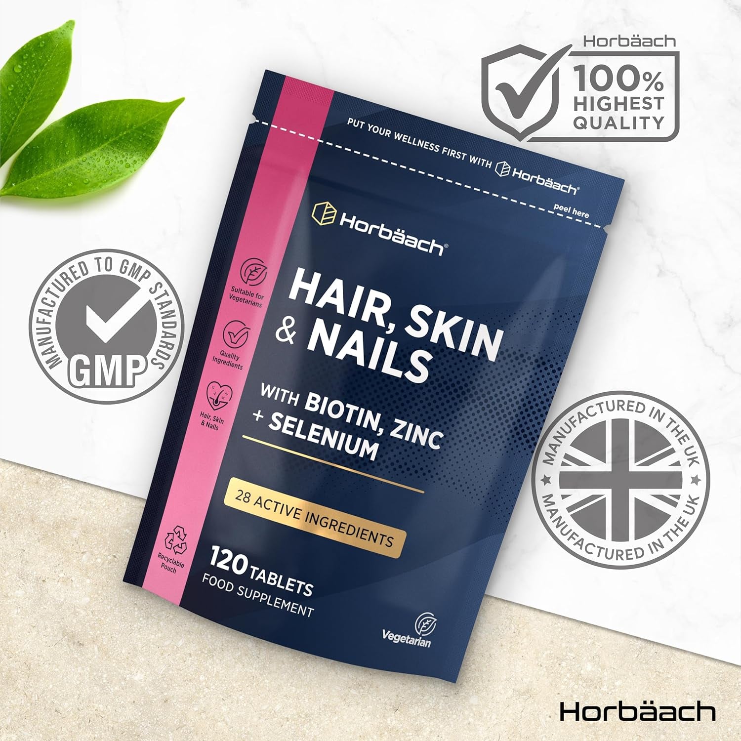 Hair Skin and Nails Vitamins | Biotin Hair Growth | with Biotin, Zinc and Selenium | Beauty Supplement for Women and Men | 120 Vegetarian Tablets | by Horbaach