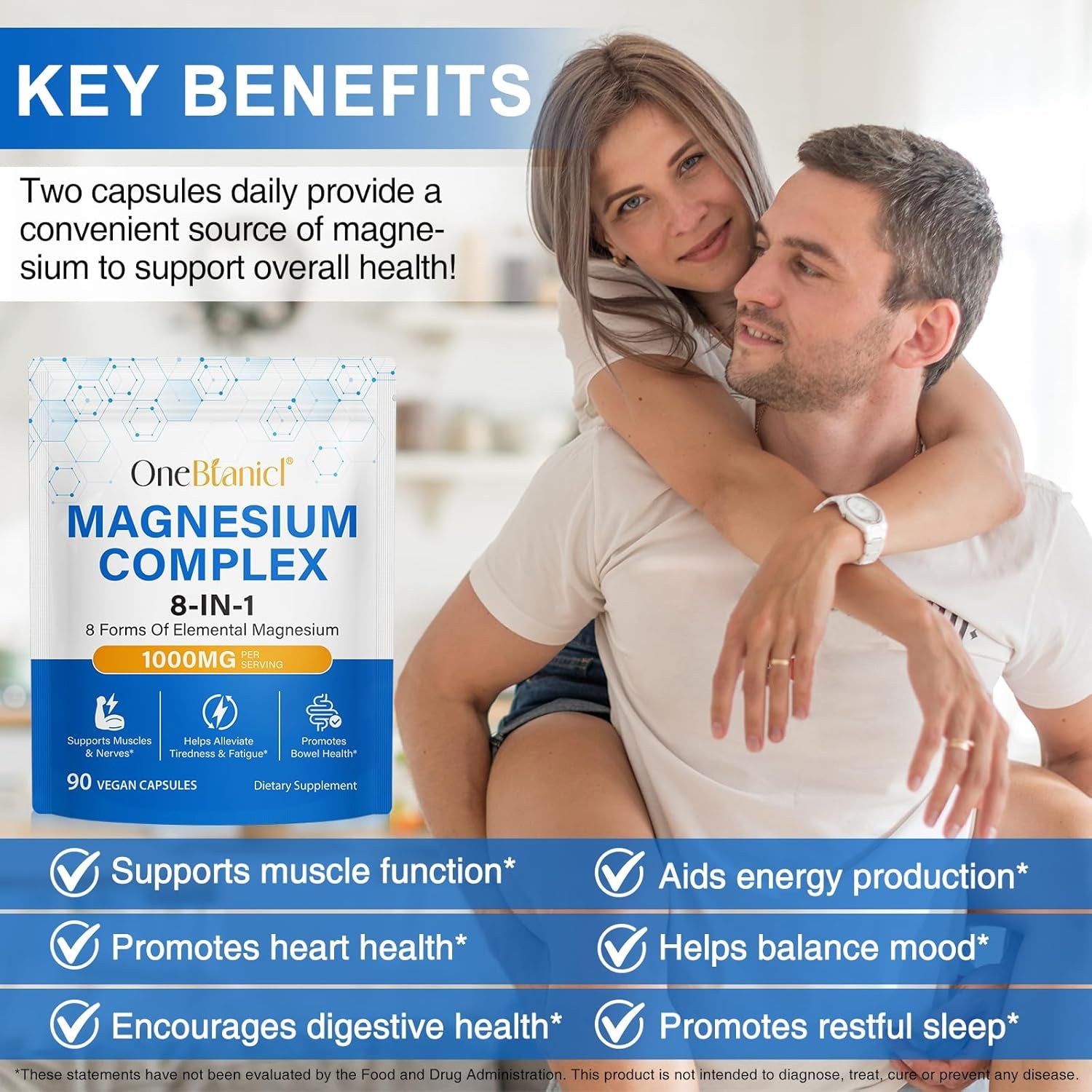 Magnesium Glycinate 3-In-1 Complex, 1000Mg per Serving as Bisglycinate, Citrate & Malate 90 Vegan Capsules, Promotes Bowel Health, Helps Alleviate Tiredness & Fatigue, Supports Muscles & Nerves
