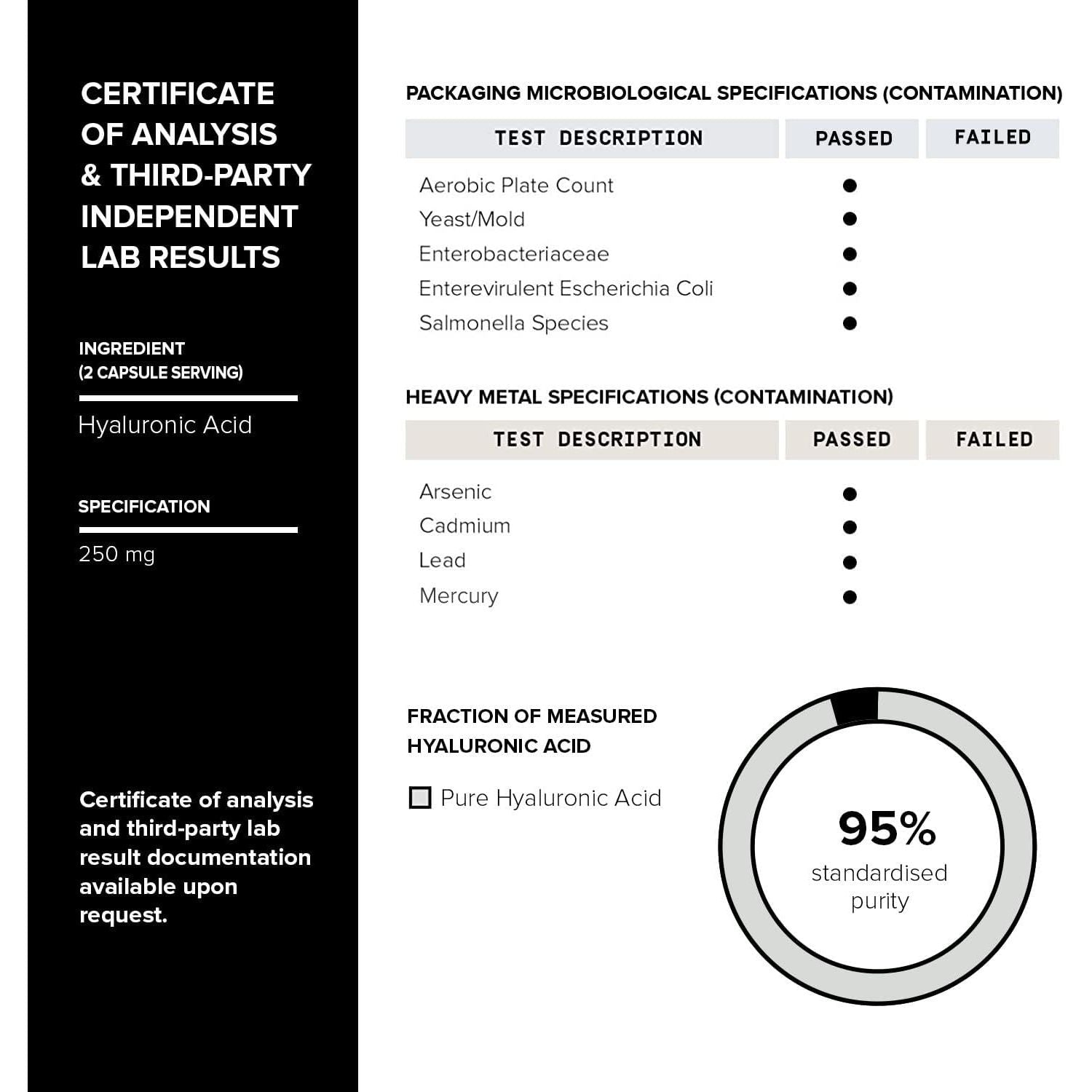 Ultra High Purity Hyaluronic Acid Capsules - 95%+ Highly Purified and Highly Bioavailable - 275Mg Formula - Non-Gmo Fermentation - High Strength with Vitamin C - 180 Capsules