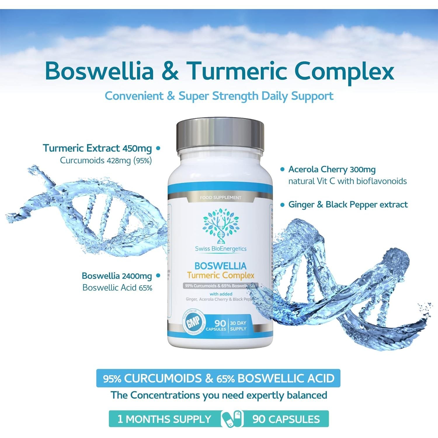 Boswellia & Turmeric Complex – 90 Capsules – Super High Strength Curcumin Containing Minimum 95% Curcumoids & 65% Boswellic Acid - UK Made