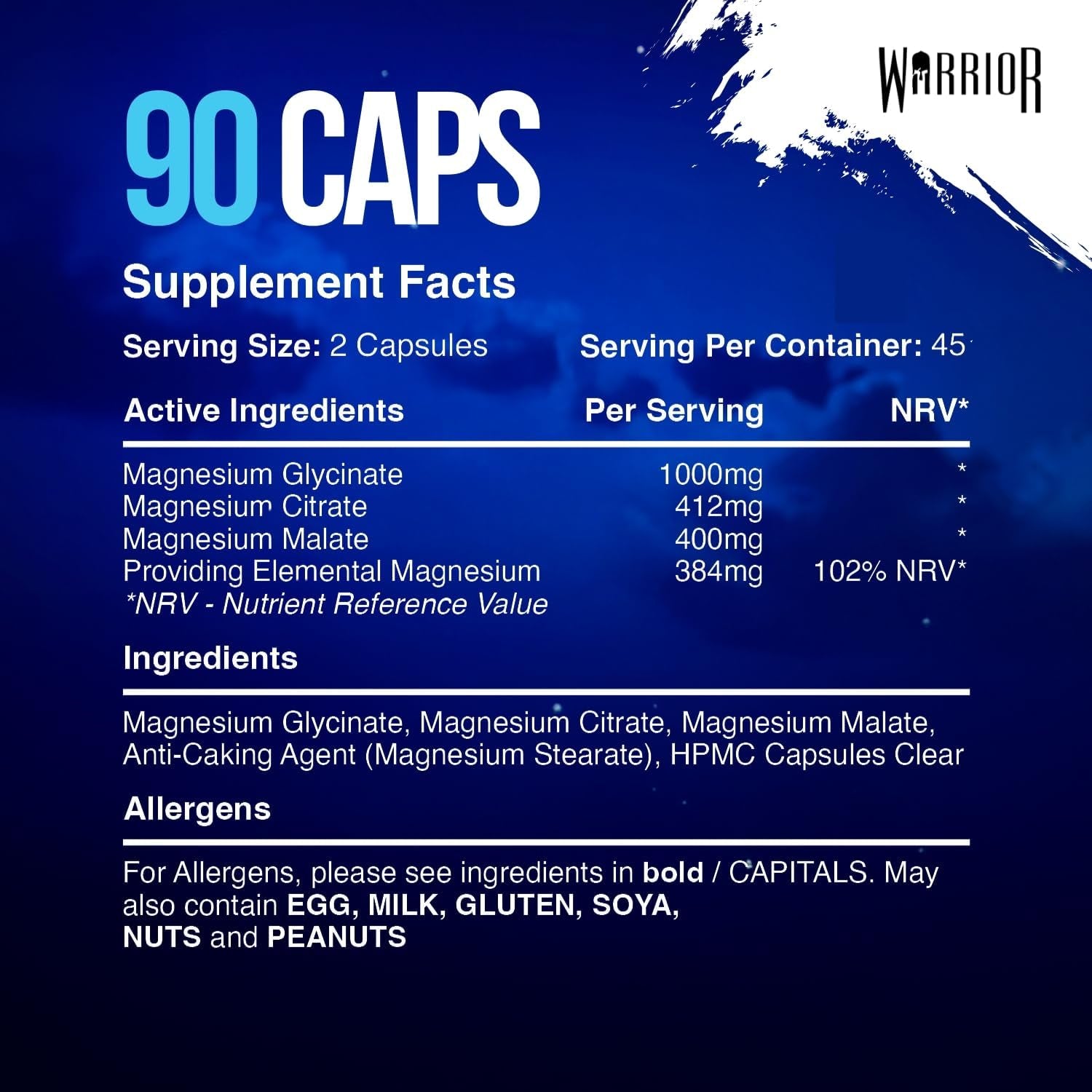 Warrior Magnesium Glycinate 3-In-1 Complex – High Strength Absorption Nutrition Supplement 384Mg 90 Vegan Capsules, UK Made Cognitive Wellness and Enhances Sleep & Muscle Relaxation