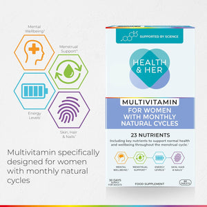 Health & Her Multivitamin for Women with Monthly Natural Cycles - Supplements for Women - Nutrition and Wellbeing Support for Menstrual Cycle - 1 Month Supply, 60 Tablets - Vegan & Gluten Free