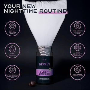 AM:PM Sleep Gummies - Vegan Sleep Aid with Natural Ingredients - Lemon Balm, Chamomile, Zinc, Vitamin B6 & 5-HTP - Berry Flavour - 60 Gummies (30 Day Supply)