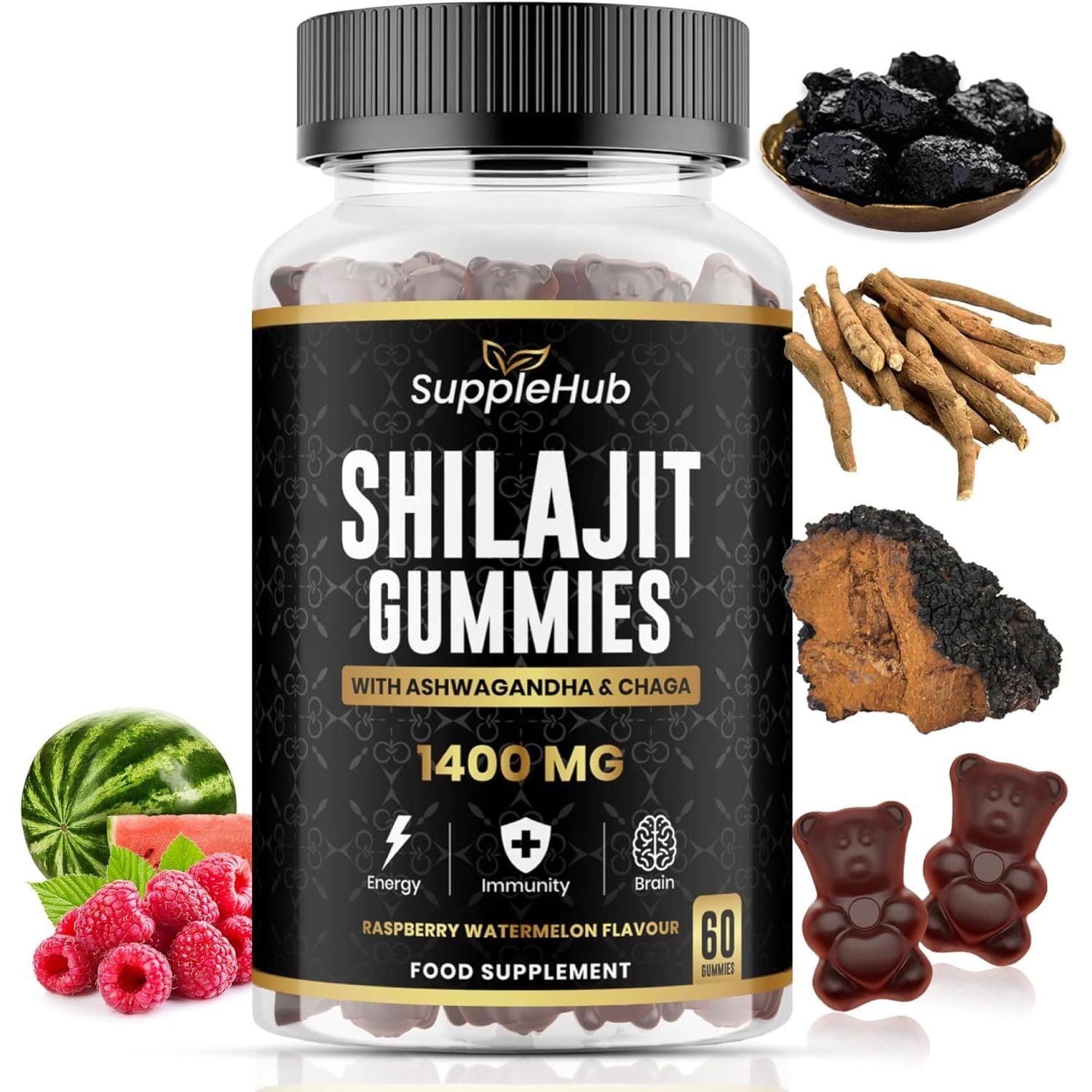 Shilajit Gummies 1400Mg, Pure Himalayan Shilajit Gummies with Ashwagandha and Chaga, Rich in Fulvic Acid, Natural Energy Boost, Sugar Free, Vegan, Raspberry & Watermelon Flavour - 60 Gummies/Bottle