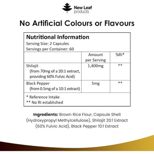 Shilajit Capsules 1400Mg 60% Fulvic Acid - High Strength Himilayan Shilajit, 2 Months Supply Shalajit Resin - Made in the UK Supplement by New Leaf 120 Capsules