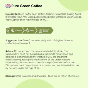 Pure Green Coffee Capsules | 21,000Mg per Serving | 90 Unroasted Green Coffee Capsules | Vegan | Natural Source of Chlorogenic Acid | Made in Britain